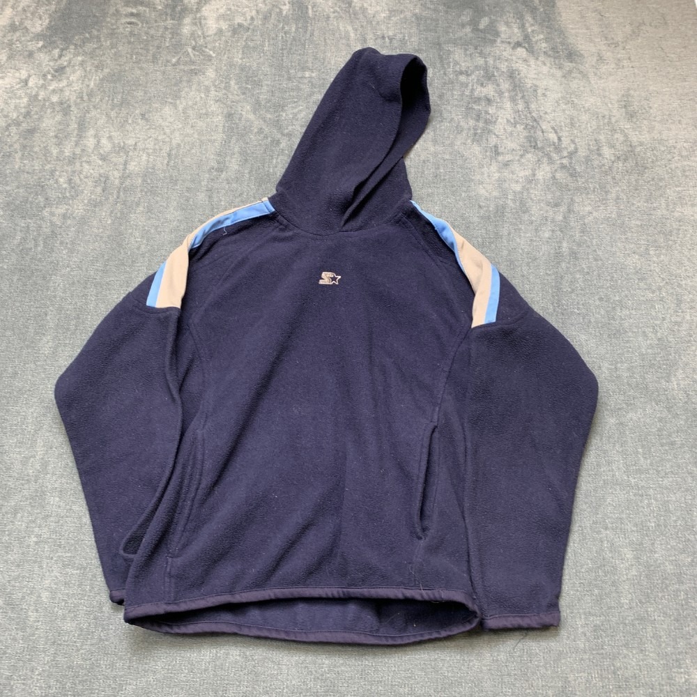 Y2K Starter Fleece Hoodie Boys Medium Navy Blue Raglan Sleeve Center Logo